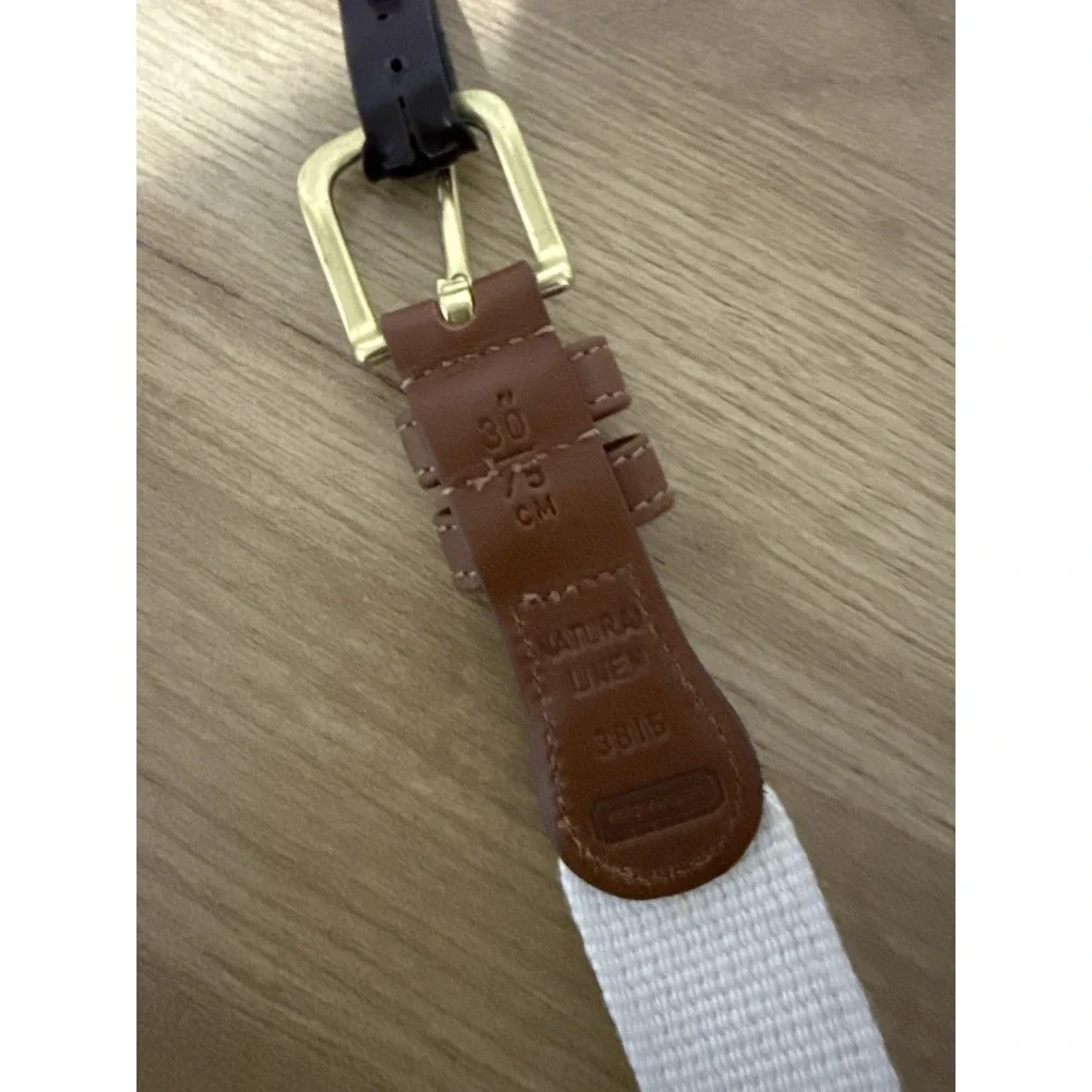 Vintage Coach Leather Canvas Belt 3815‎ Brass White Linen Brown Tan Size 34